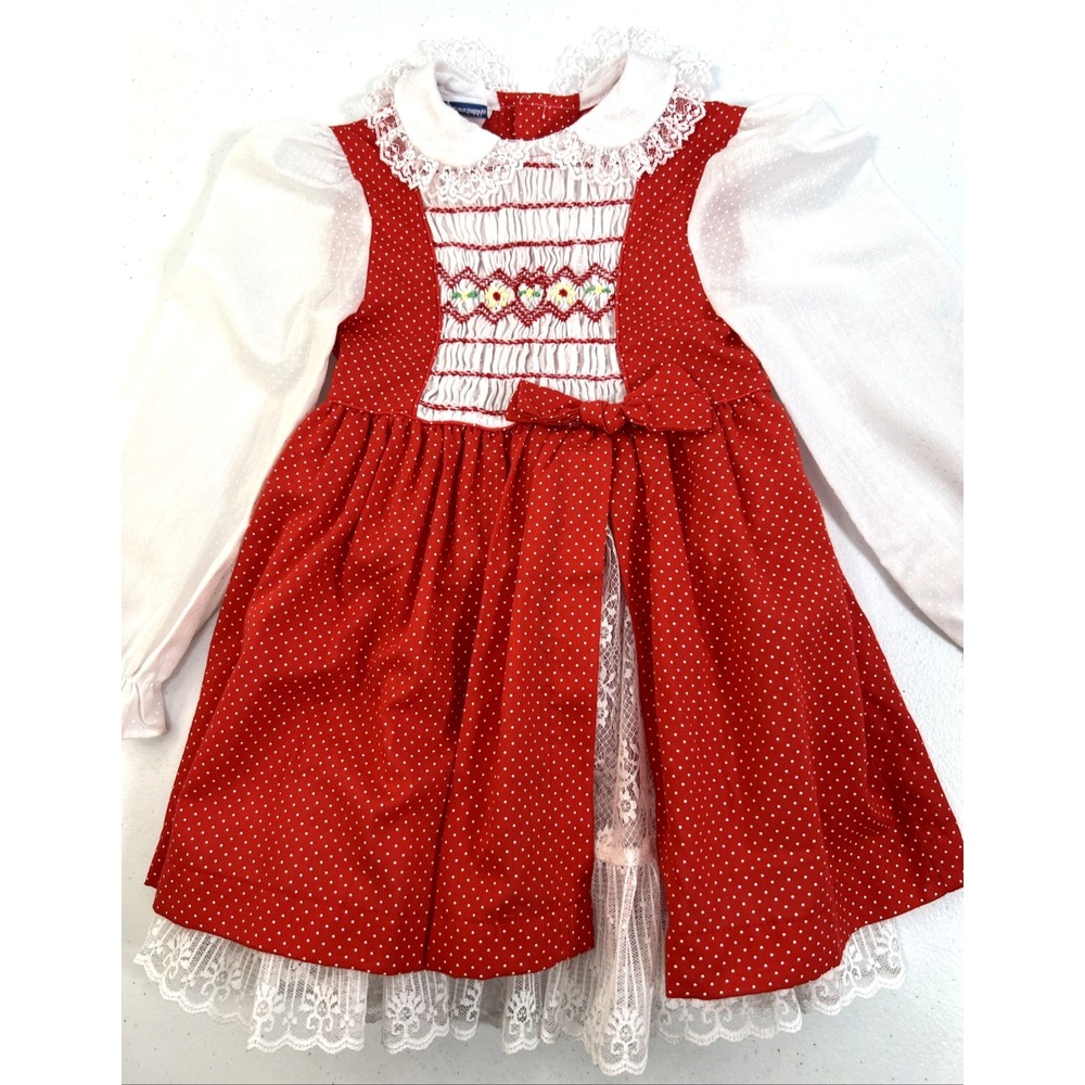 Vintage Polly Flinders Girls Red & White Polka-Dot Lace Smocked Dress Size 3T